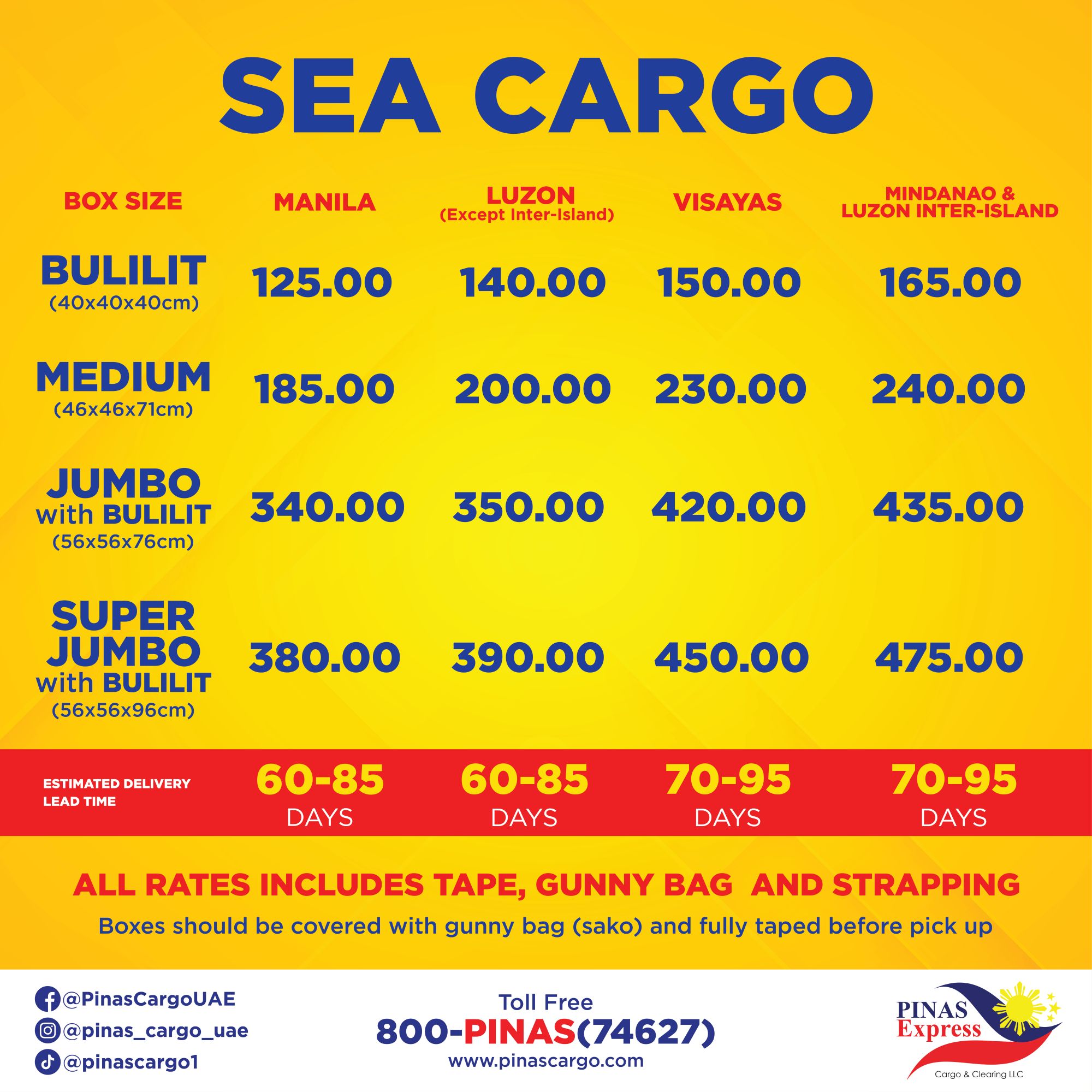 Sea cargo price list for balikbayan box from UAE to Philippines by Pinas Express Cargo, showing box sizes and rates for Manila, Luzon, Visayas, and Mindanao with 60–95 days delivery