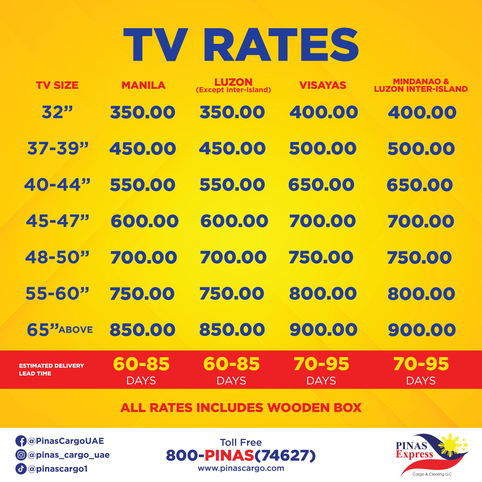 TV cargo rates from UAE to Philippines by Pinas Express Cargo showing prices for sending 32 to 65 inch TVs to Manila, Luzon, Visayas, and Mindanao with 60–95 days delivery.