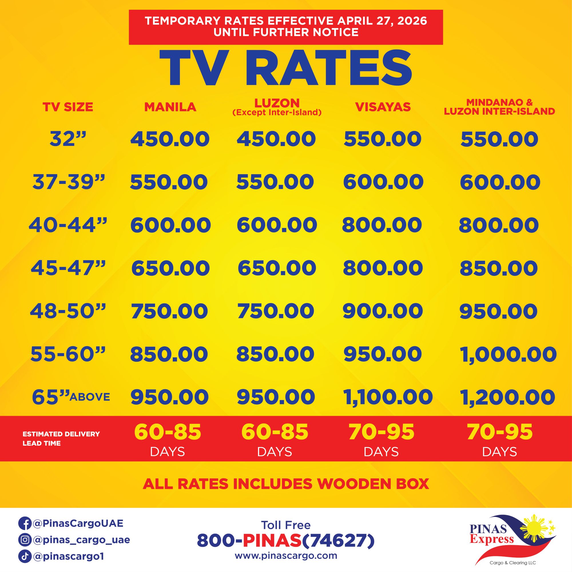 TV cargo rates from UAE to Philippines by Pinas Express Cargo showing prices for sending 32 to 65 inch TVs to Manila, Luzon, Visayas, and Mindanao with 60–95 days delivery.