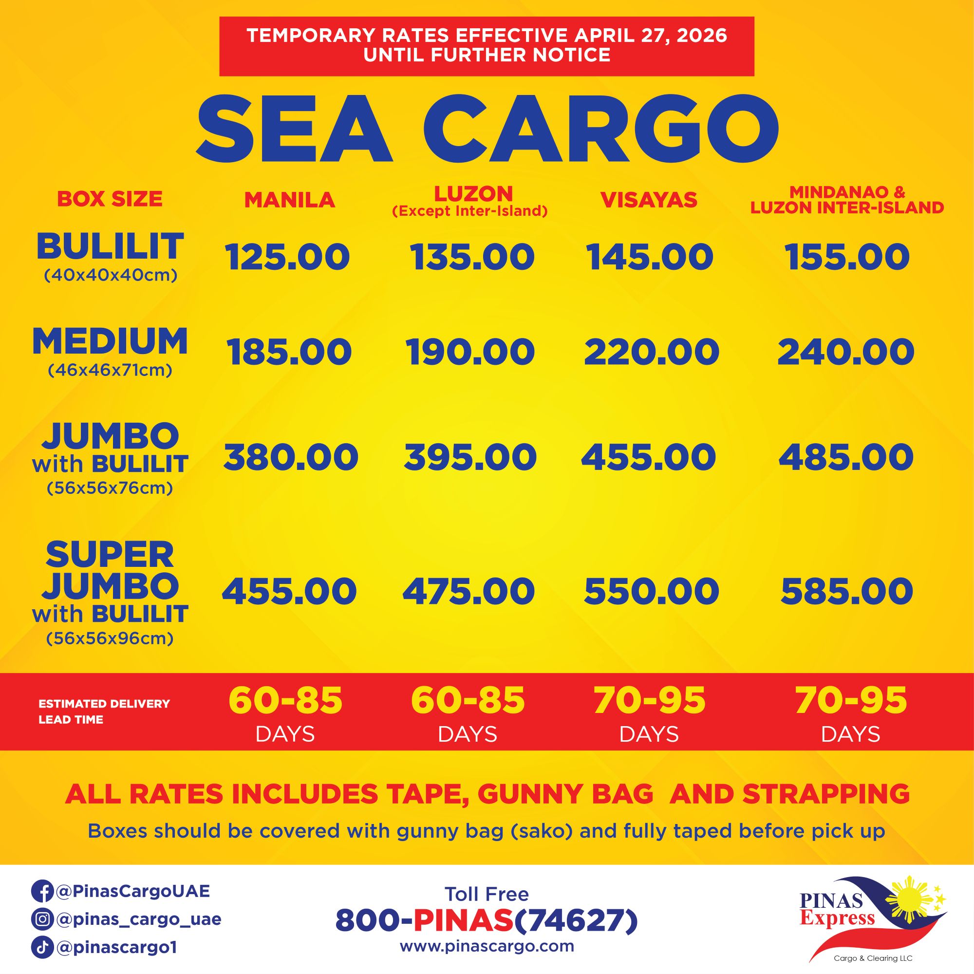 Sea cargo price list for balikbayan box from UAE to Philippines by Pinas Express Cargo, showing box sizes and rates for Manila, Luzon, Visayas, and Mindanao with 60–95 days delivery