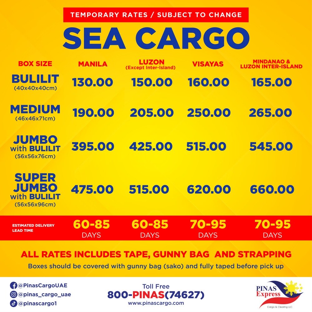 Sea cargo price list for balikbayan box from UAE to Philippines by Pinas Express Cargo, showing box sizes and rates for Manila, Luzon, Visayas, and Mindanao with 60–95 days delivery