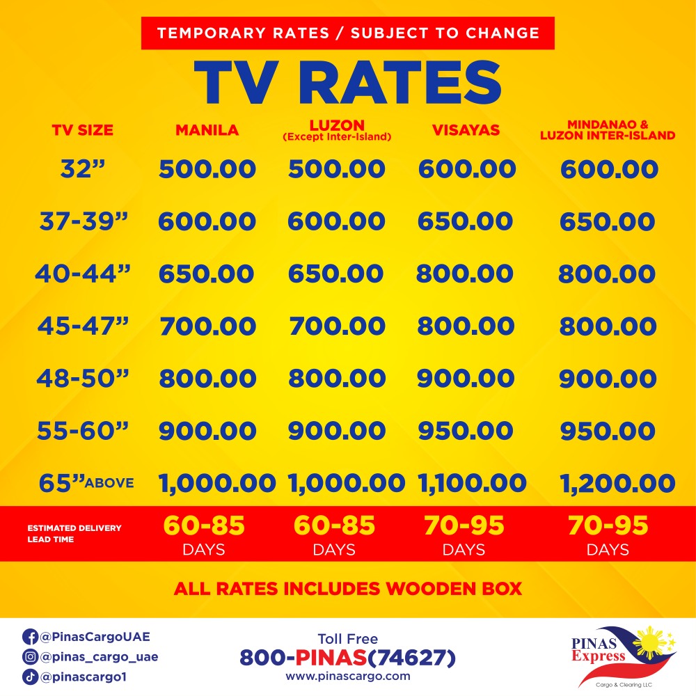 TV cargo rates from UAE to Philippines by Pinas Express Cargo showing prices for sending 32 to 65 inch TVs to Manila, Luzon, Visayas, and Mindanao with 60–95 days delivery.