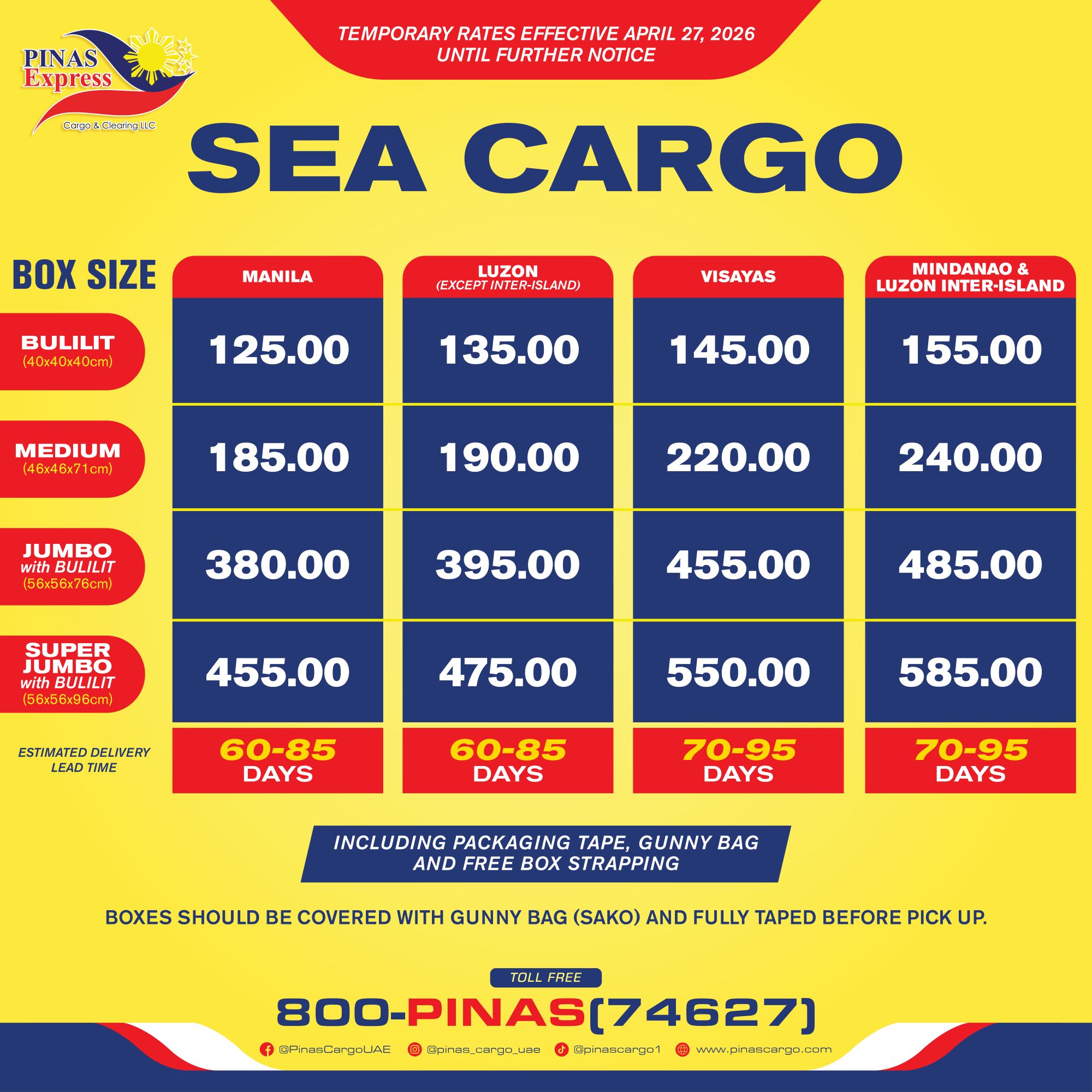 Sea cargo price list for balikbayan box from UAE to Philippines by Pinas Express Cargo, showing box sizes and rates for Manila, Luzon, Visayas, and Mindanao with 60–95 days delivery