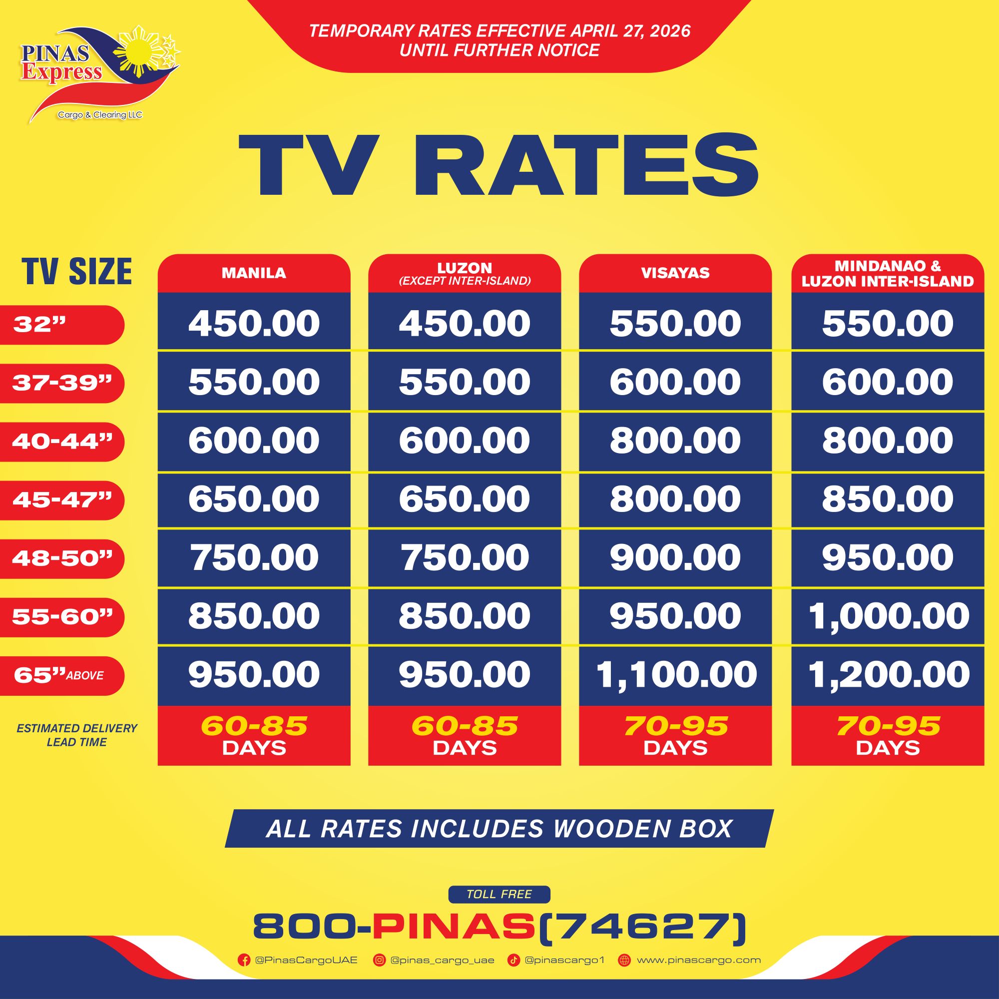TV cargo rates from UAE to Philippines by Pinas Express Cargo showing prices for sending 32 to 65 inch TVs to Manila, Luzon, Visayas, and Mindanao with 60–95 days delivery.